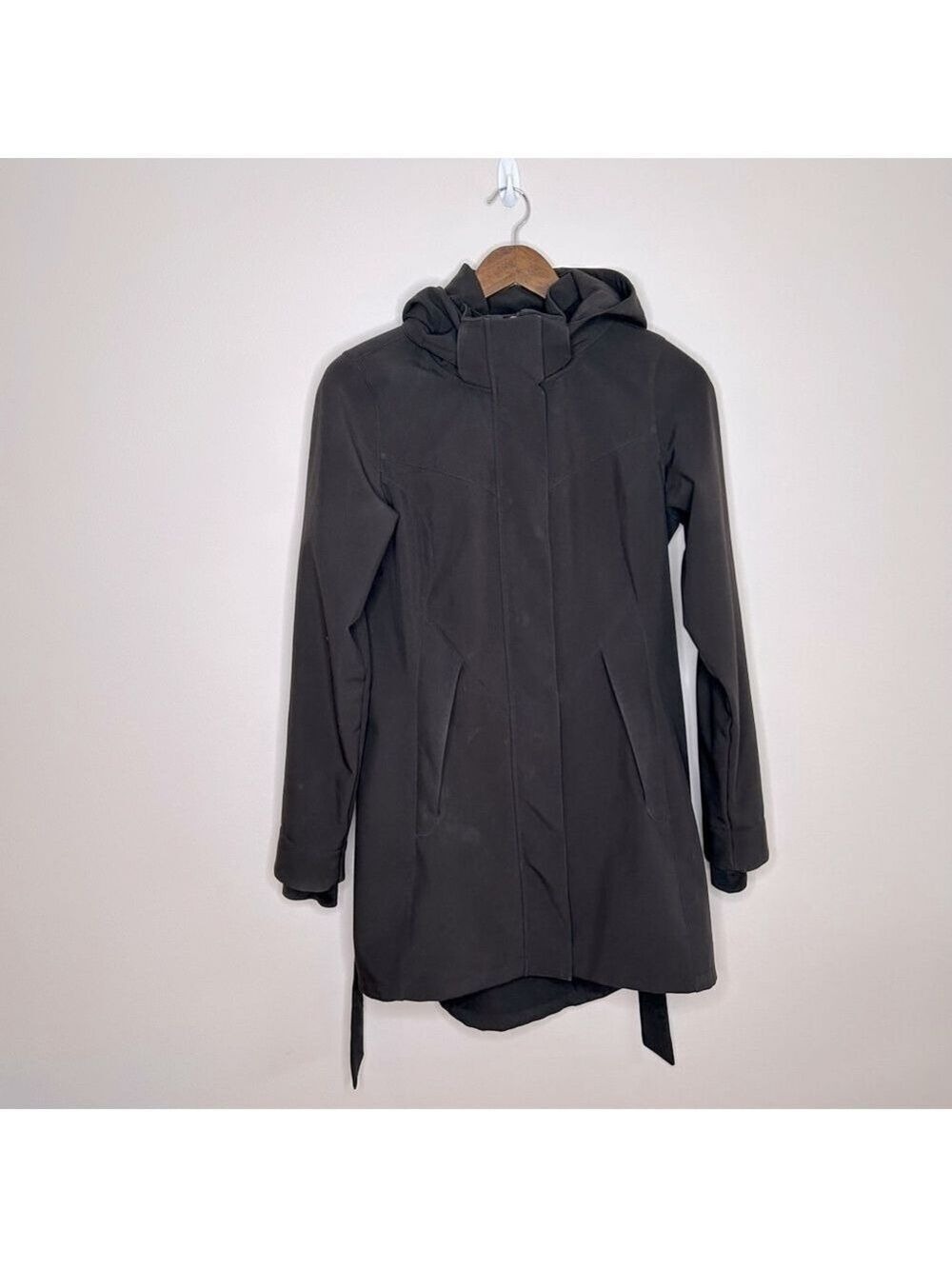 Cloudveil Black Small Hooded Belted Midi Length Rain Jacket